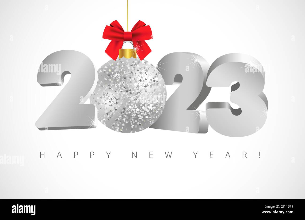Ein Happy New Year 2023 Web-Symbol oder eine Schaltfläche. Grußkartenkonzept. Weiß verschneit bg. Weihnachtsbaum glänzend glitzernden Ball. 3D Ziffern. Abstrakter Isolat Stock Vektor