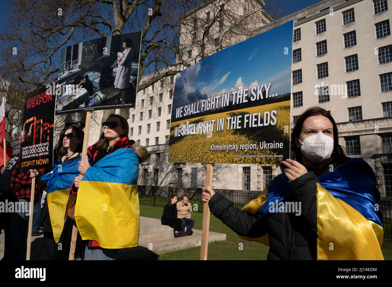 Am 19. 2022. März, dem 24. Tag des Krieges in der Ukraine, demonstrieren Demonstranten gegenüber der Downing Street, London, um sich Putins Krieg gegen die Ukraine zu widersetzen Stockfoto