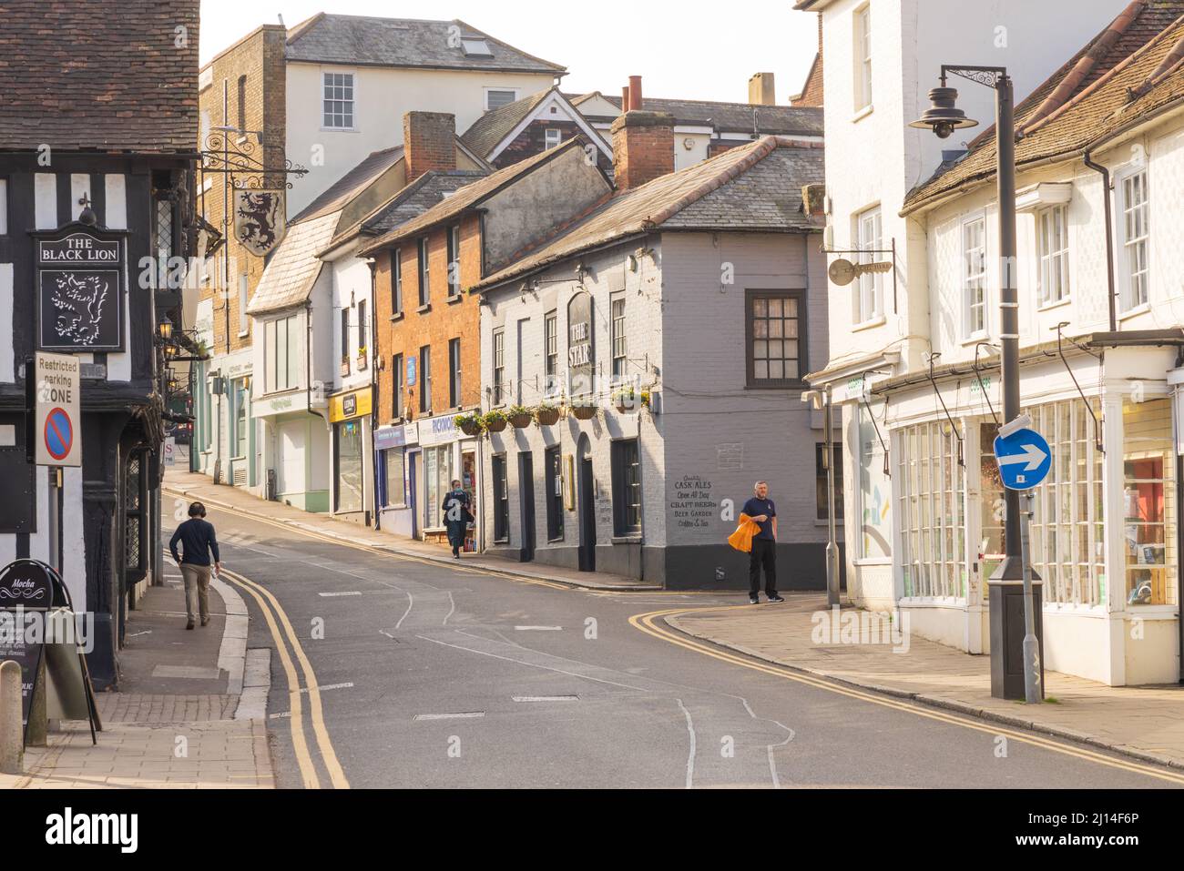 Blick auf die Gebäude in der Bridge Street, Bishop's Stortford. VEREINIGTES KÖNIGREICH Stockfoto
