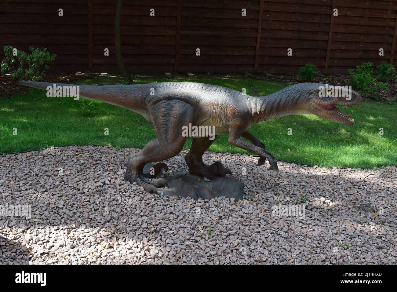 DINO PARK, KHARKOV - 8. AUGUST 2021: Tagesansicht der wunderschönen Dinosaurier-Skulptur im Park. Der aggressive Velociraptor erscheint in Jurassic Par Stockfoto