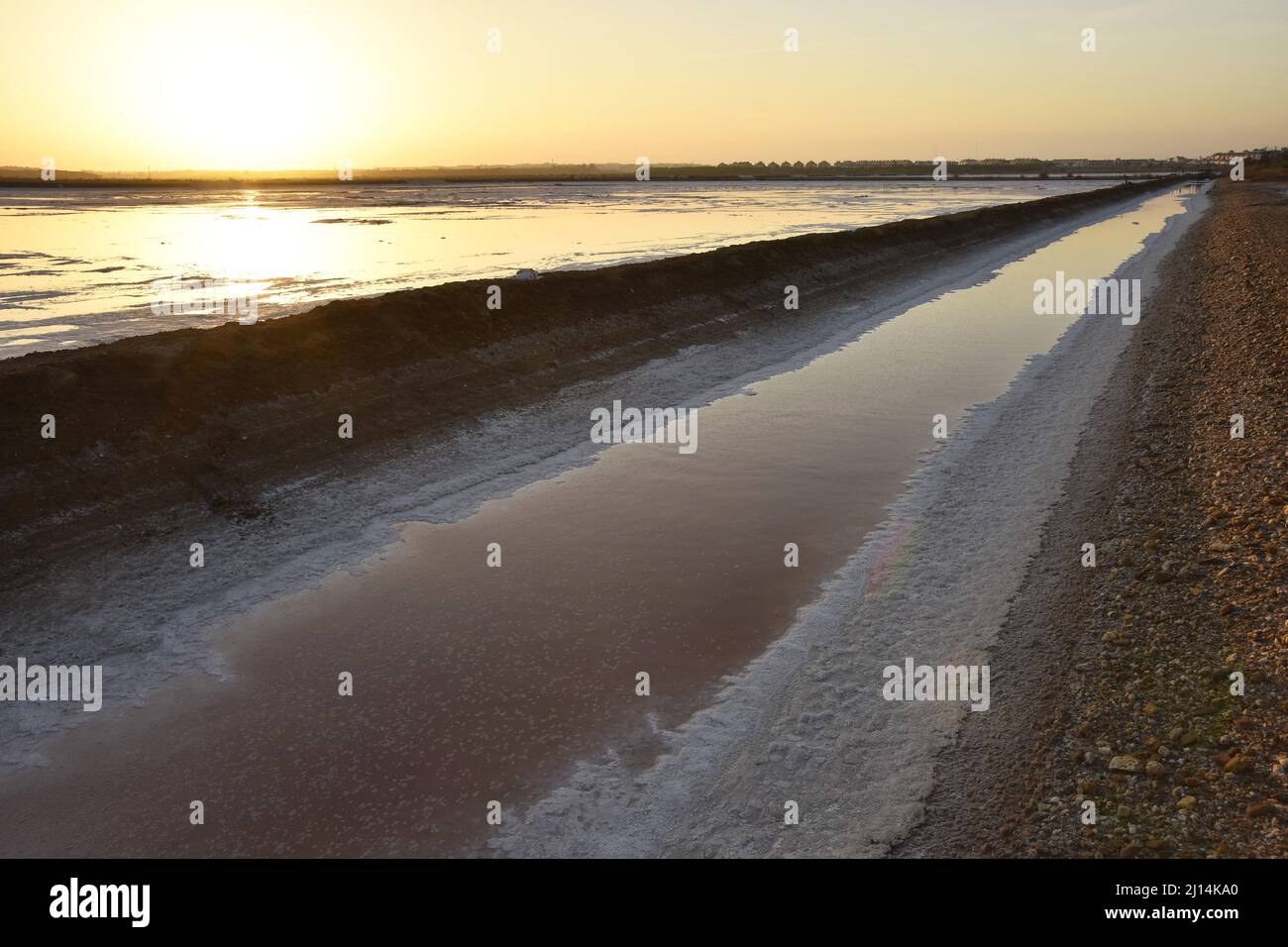 Natürliche Salzproduktion, Salz wird geerntet, nachdem das Wasser aus dem Salzteich verdampft, dem Naturgebiet Marismas del Odiel in Huelva im Süden Spaniens. Stockfoto