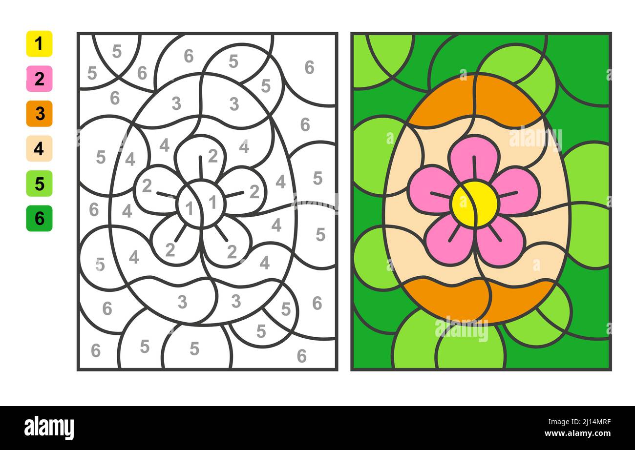 Vektor Malvorlagen Farbe nach Zahlen Ostereiersuche. Puzzle-Spiel für Kinder Bildung und Aktivitäten Stock Vektor