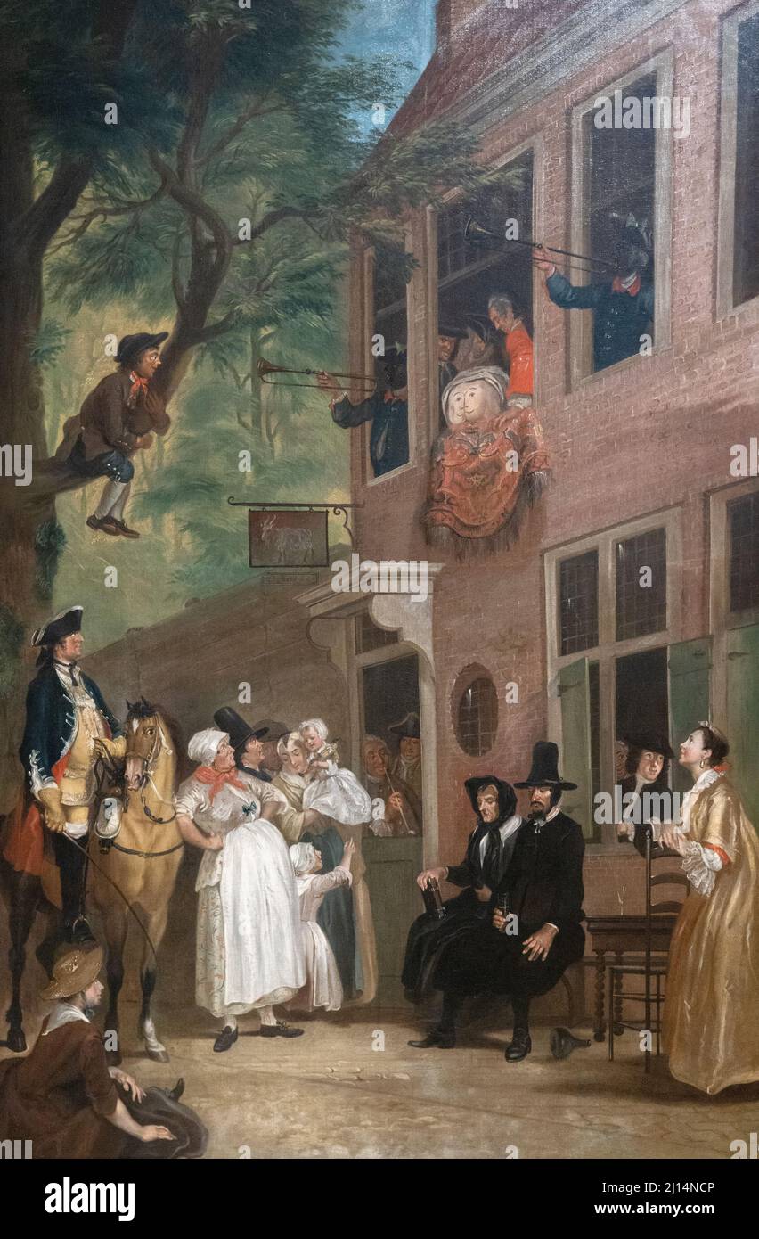Cornelis Troost Malerei; 'irregeführt: Der Botschafter der Rascals entlarvt sich aus dem Fenster der 't Bokki Tavern in the Haarlemmerhout' c 1739 Stockfoto