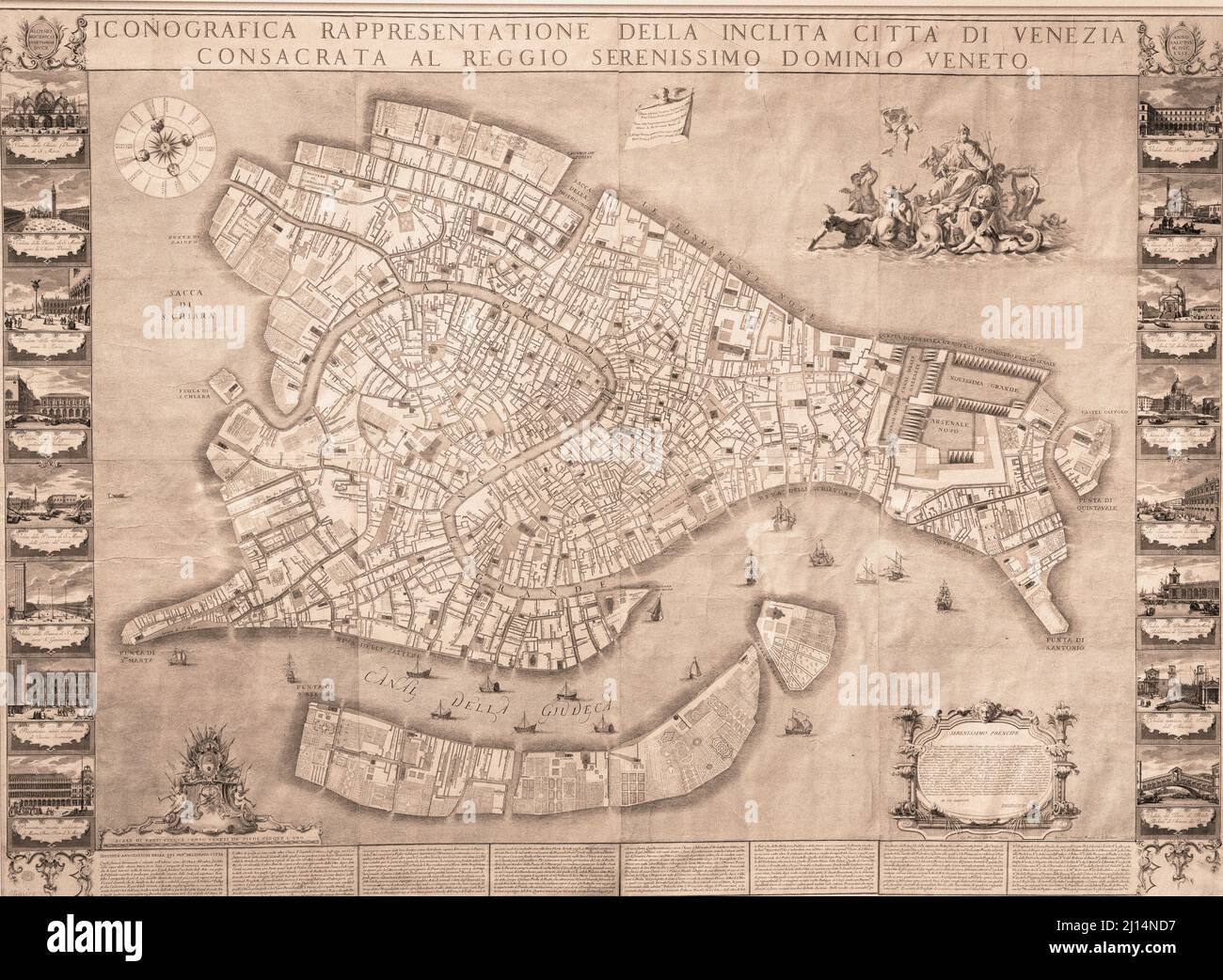 Ludovico Ughi, ikonographische Darstellung der Stadt Venedig, 1729; 18. Jahrhundert, Kupferstich auf Papier, Karte von Venedig. British Library Stockfoto