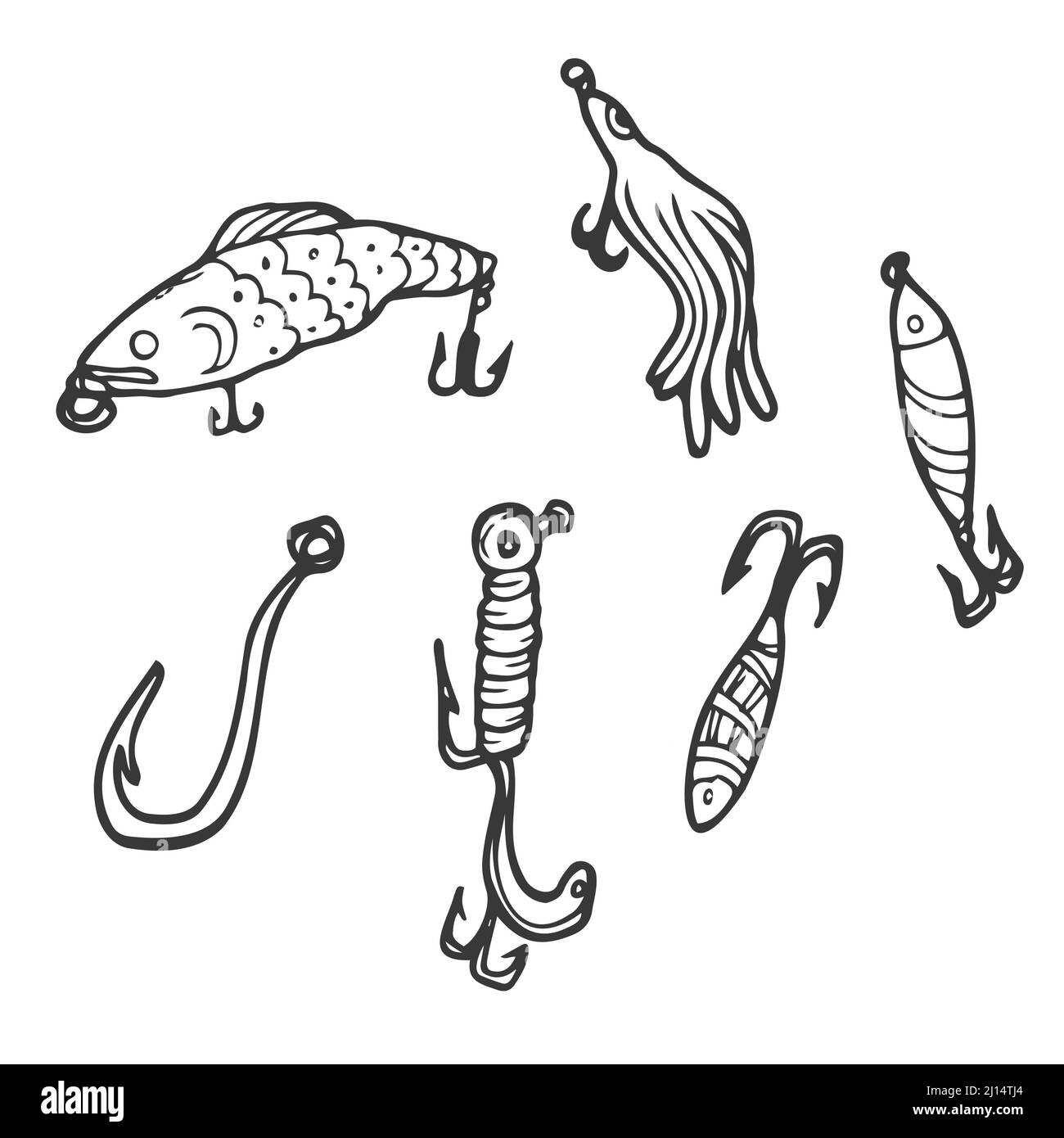 Köder zum Kritzeln angeln. Abstrakte zeitgenössische Fischköder in verschiedenen Größen und Formen für Angler. Farbige handgezeichnete Fischer Accessoires mit Haken. Stock Vektor