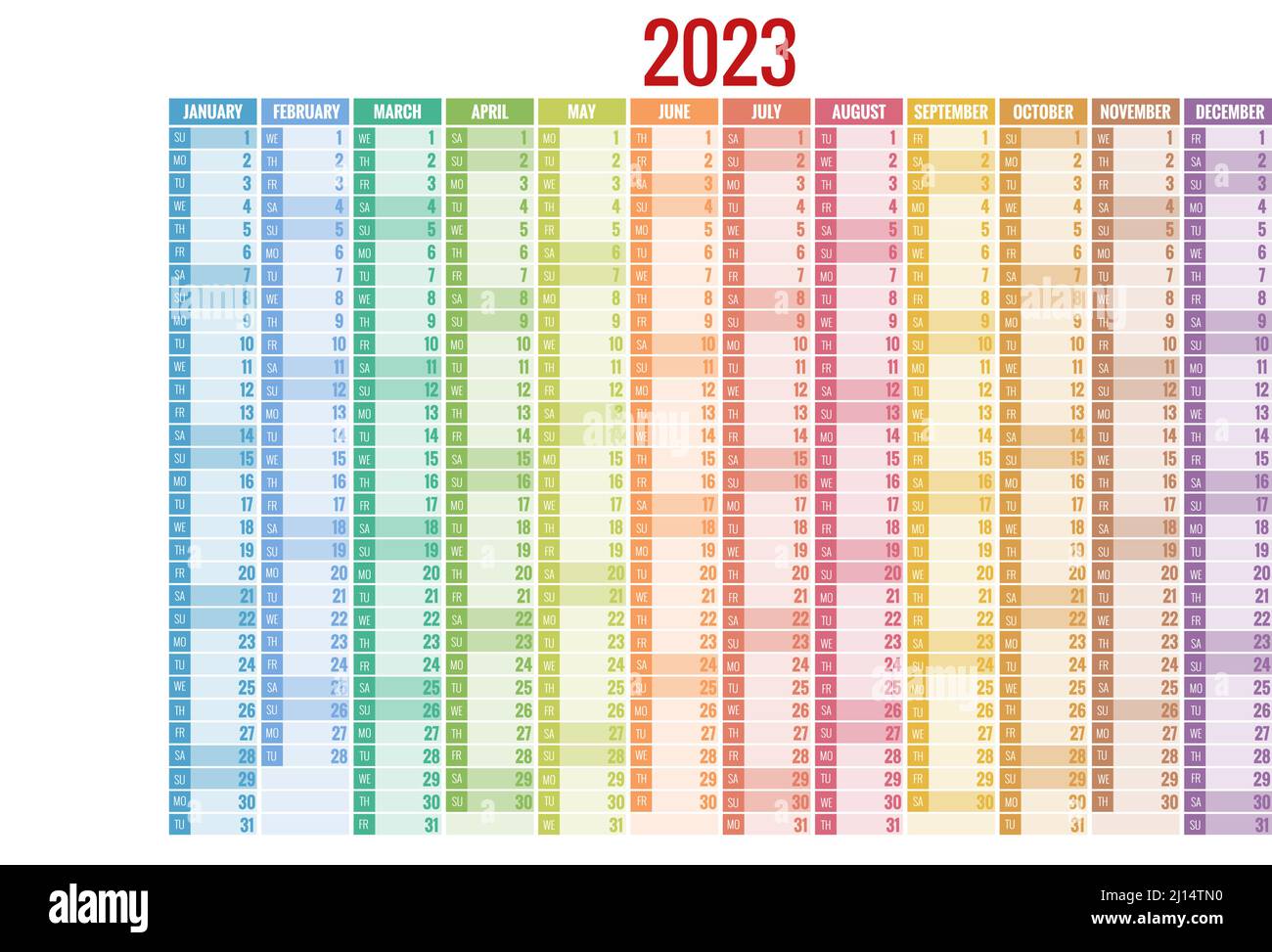 Kalender-Planer für 2023. Kalendervorlage für 2023. Unternehmens- und Geschäftskalender. Briefpapier Design Druckvorlage. Die Woche beginnt am Sonntag. Stock Vektor