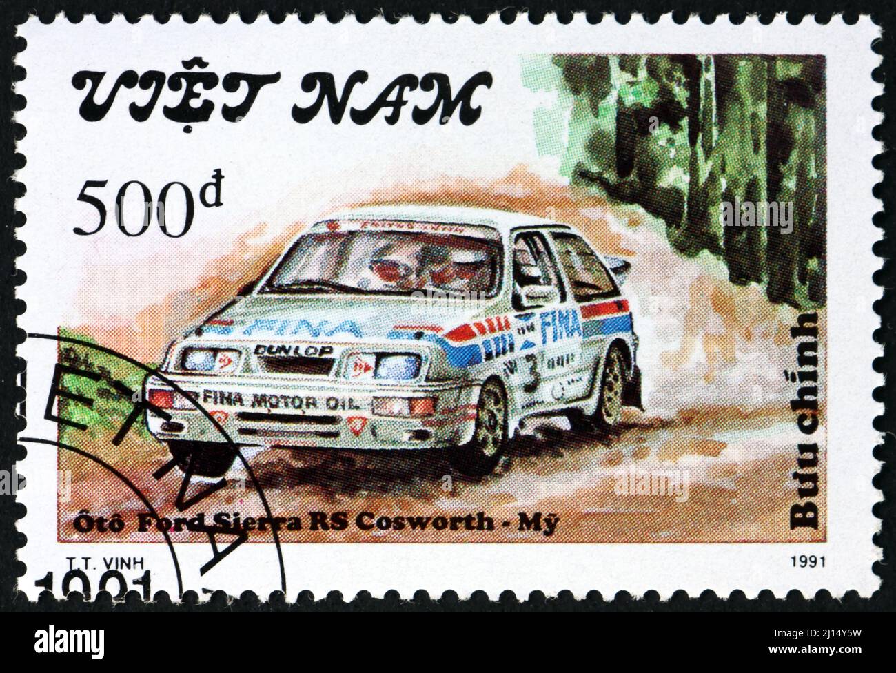 VIETNAM - UM 1991: Eine in Vietnam gedruckte Marke zeigt Ford Sierra RS Cosworth, Rallyewagen, um 1991 Stockfoto