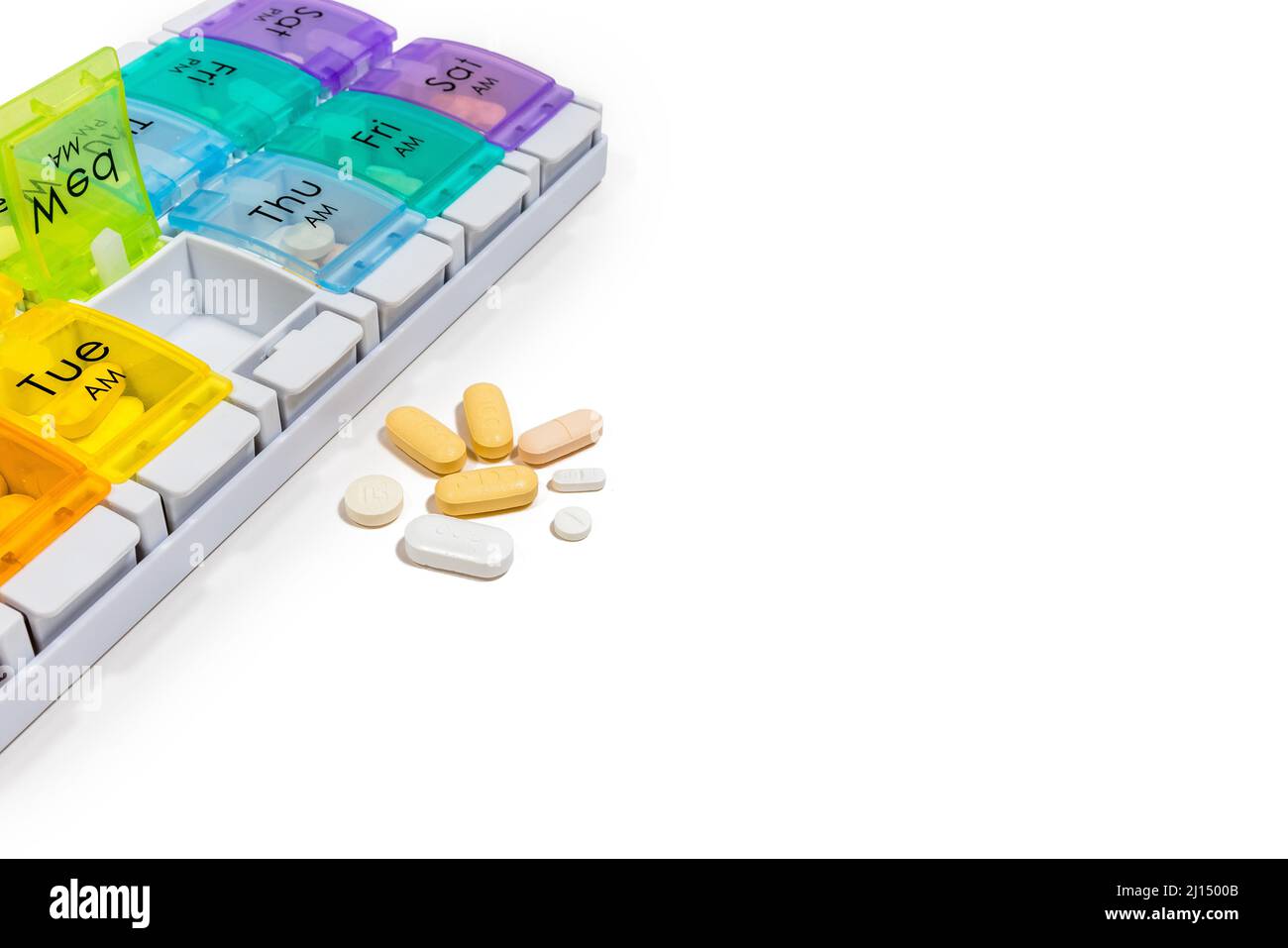 7 Tage Pillendose Spender, Woche und Tag Pillendose Organizer, für Krebspatienten - reinweißer Hintergrund Stockfoto