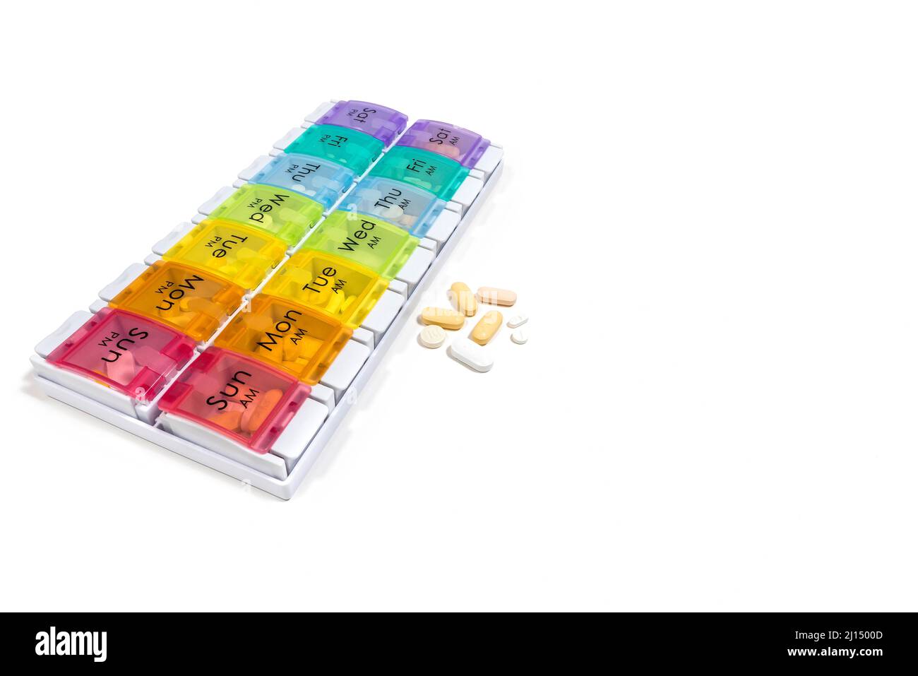 7 Tage Pillendose Spender, Woche und Tag Pillendose Organizer, für Krebspatienten - reinweißer Hintergrund Stockfoto