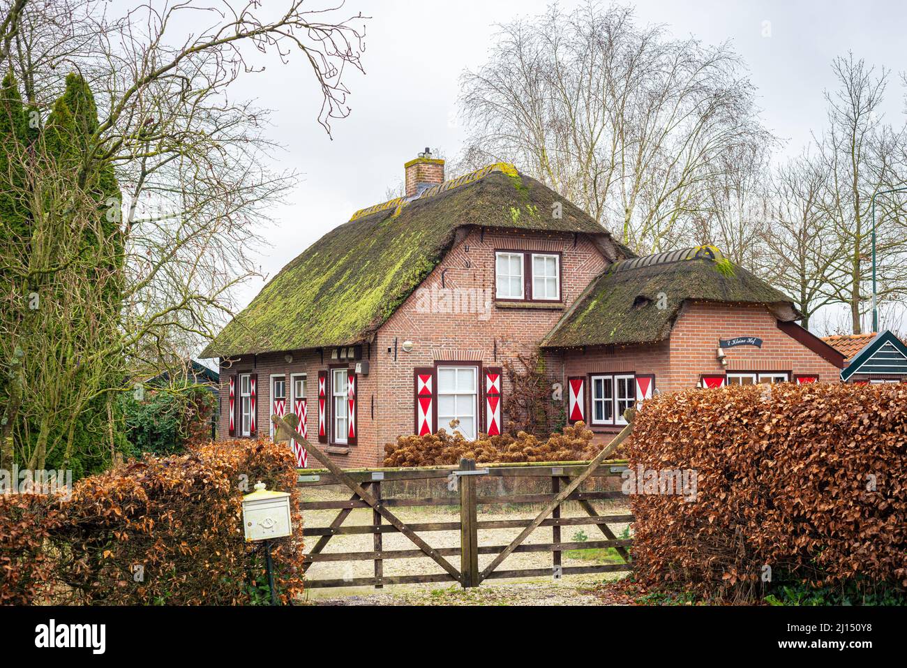 Malerisches Haus mit Reetdach im malerischen Dorf Haarzuilens. Die Fensterläden sind in den roten und weißen Farben der Provinz Utrecht lackiert. Stockfoto