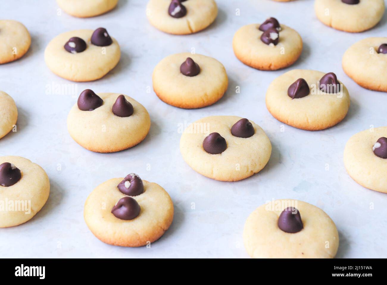 Mini Chocolate Chip Cookies auf weißem Hintergrund Stockfoto
