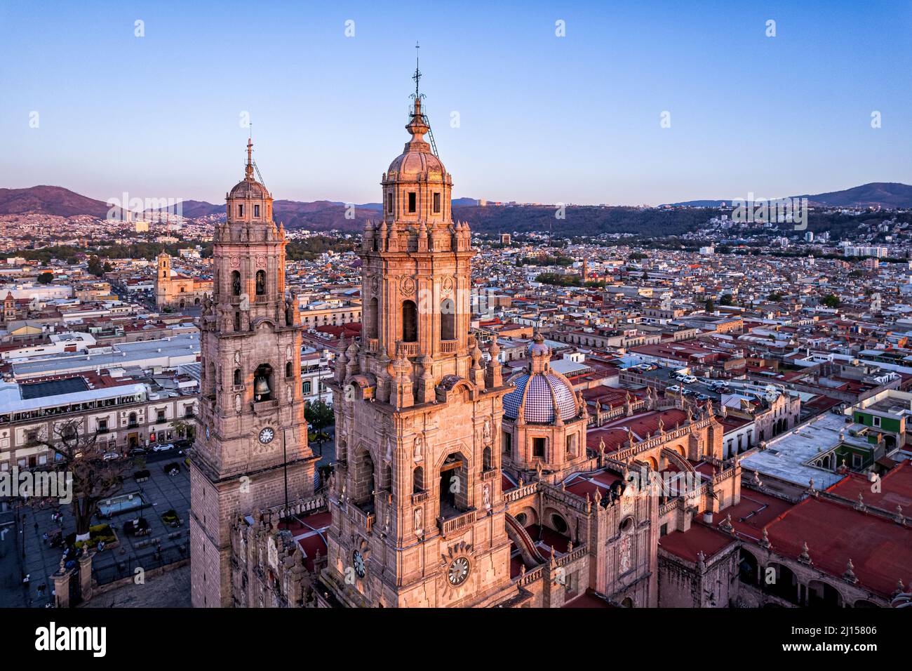 Luftaufnahme der Kathedrale von Morelia, Michoacan, Mexiko. Stockfoto