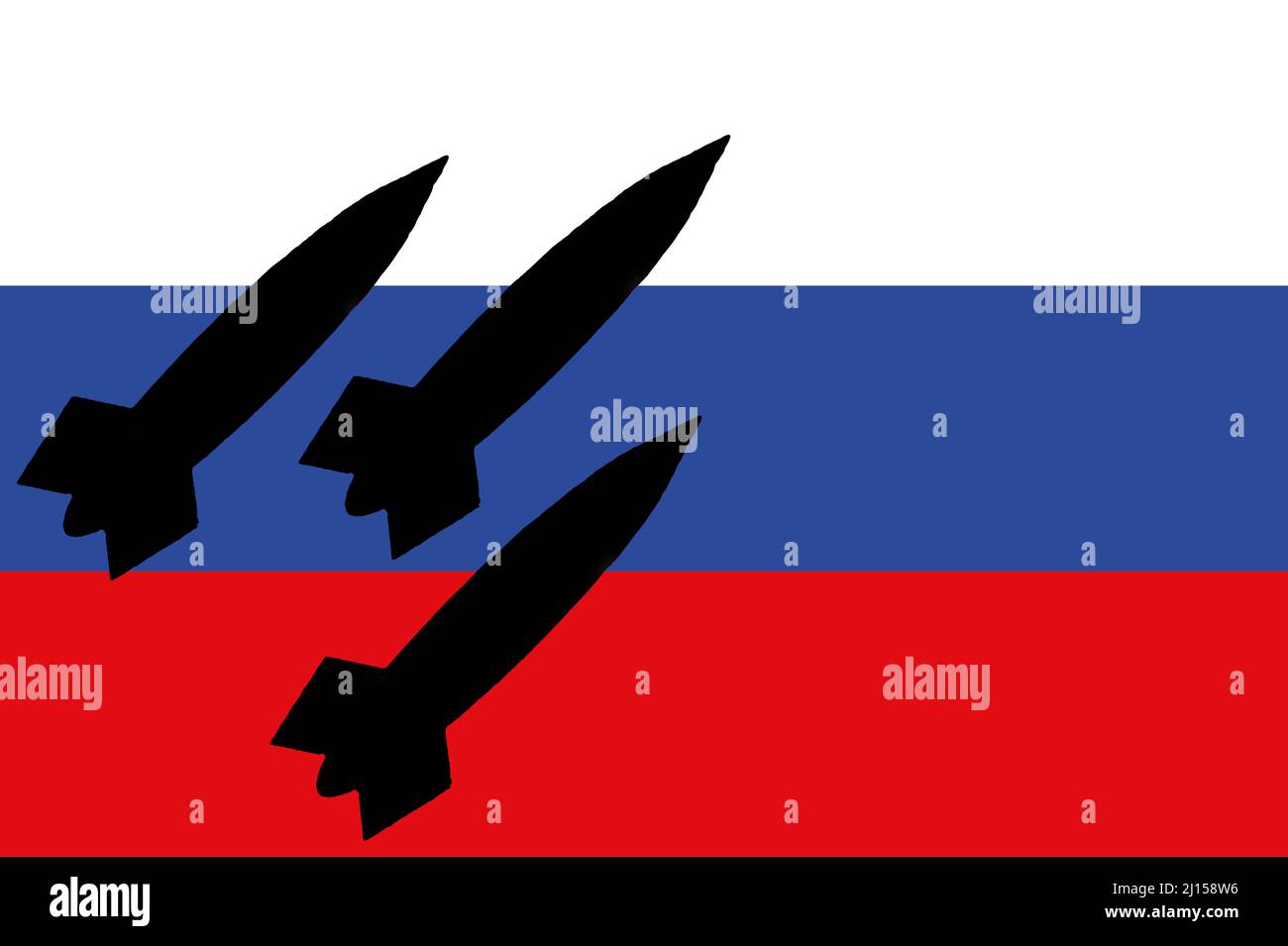 Russland. Atomwaffen. Russland Flagge mit Atomwaffen Symbol mit Raketen Silhouette. Illustration der Flagge von Rusia. Horizontales Design. Stockfoto