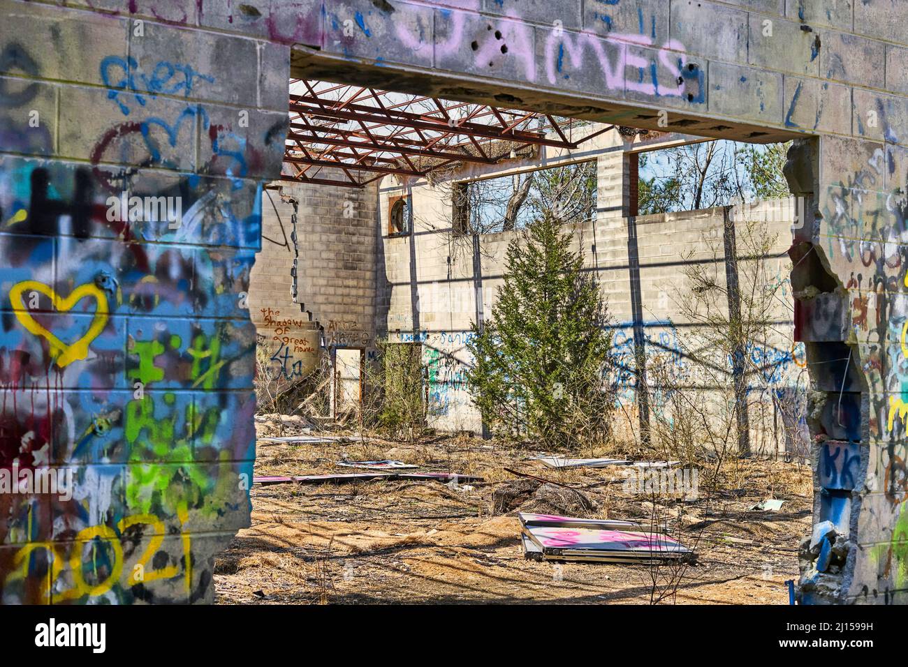 Die Ad-Hanna-Schule wurde in den 1960er Jahren für widerspenstige Studenten in Alabama gegründet, aber jetzt sind die Ruinen mit Graffiti bedeckt und der Natur überlassen. Stockfoto