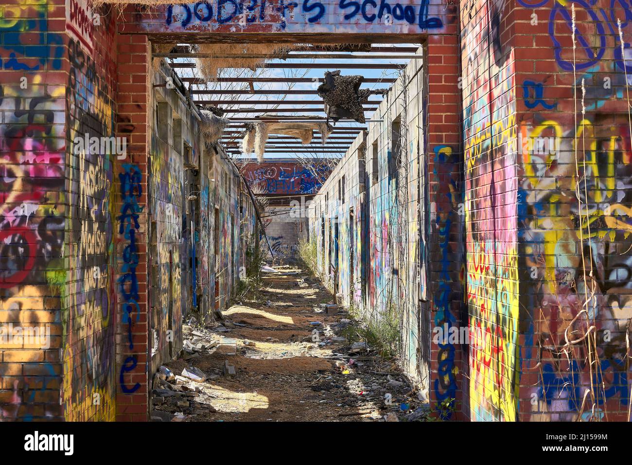 Die Ad-Hanna-Schule wurde in den 1960er Jahren für widerspenstige Studenten in Alabama gegründet, aber jetzt sind die Ruinen mit Graffiti bedeckt und der Natur überlassen. Stockfoto