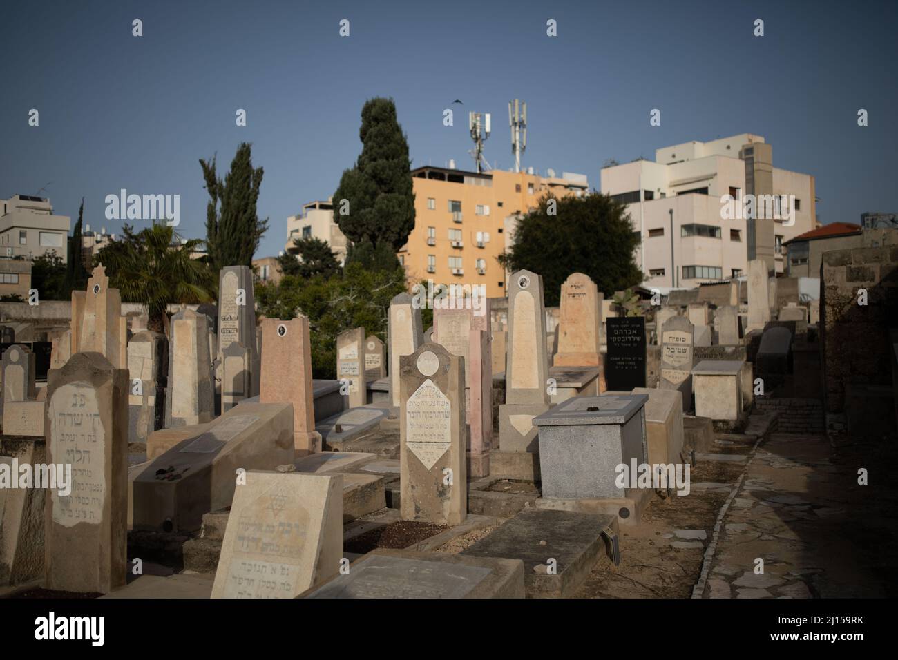 Der historische Trumpeldor-Friedhof in Tel Aviv, auch bekannt als „Alter Friedhof“, enthält Gräber von Israels großen Dichtern, Politikern und Künstlern. Stockfoto