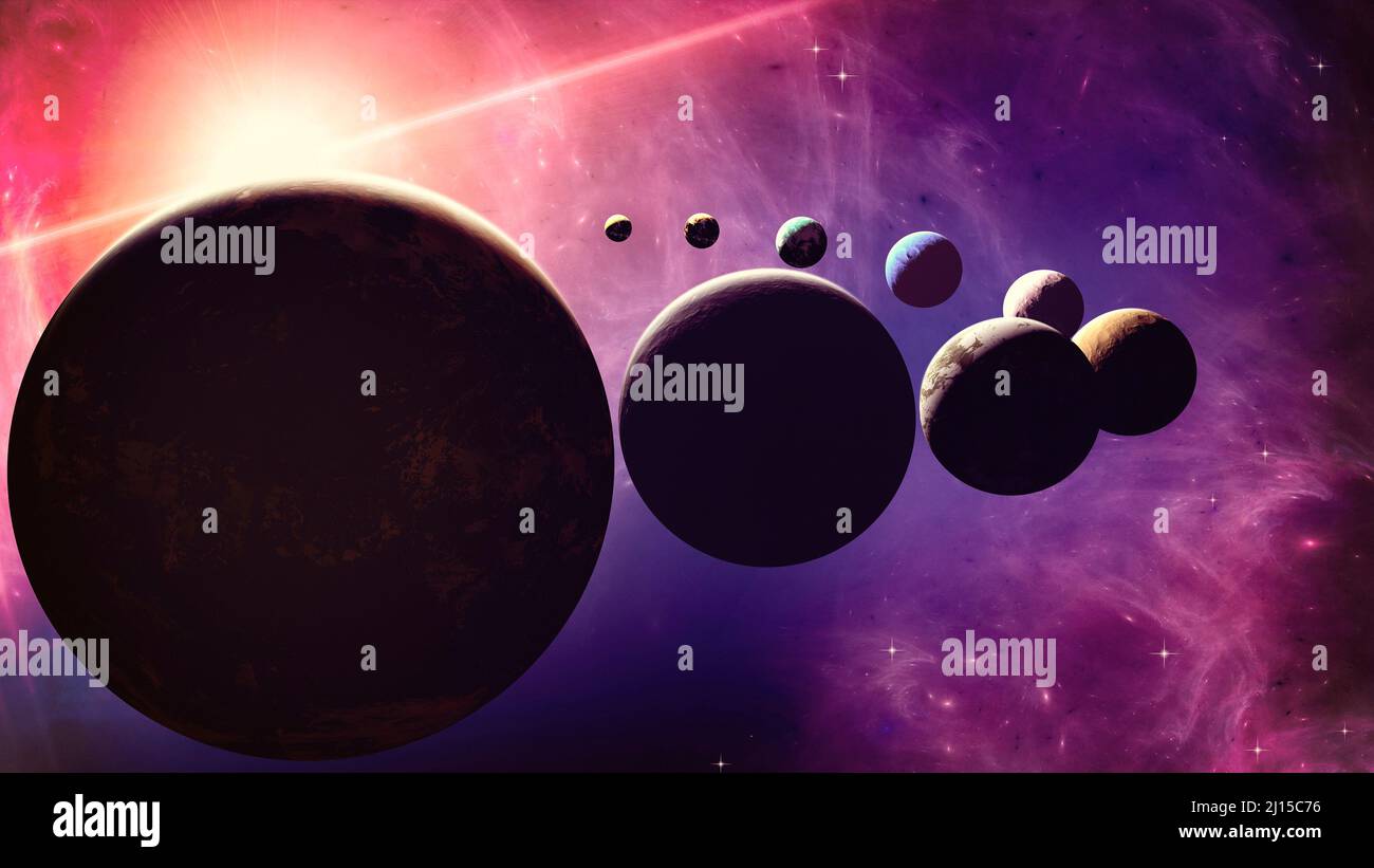 Planeten und Exoplaneten von unerforschten Galaxien. Sci-Fi. Neue Welten zu entdecken. Besiedlung und Erforschung von Nebel und Galaxien. Planet und Ringe. Stockfoto