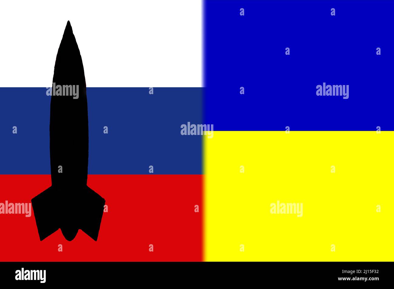 Ukraine Russland. Atomwaffen. Russische Flagge und ukrainische Flagge mit Nuklearwaffen-Symbol mit Raketen-Silhouette. Illustration der Flagge Russland Stockfoto