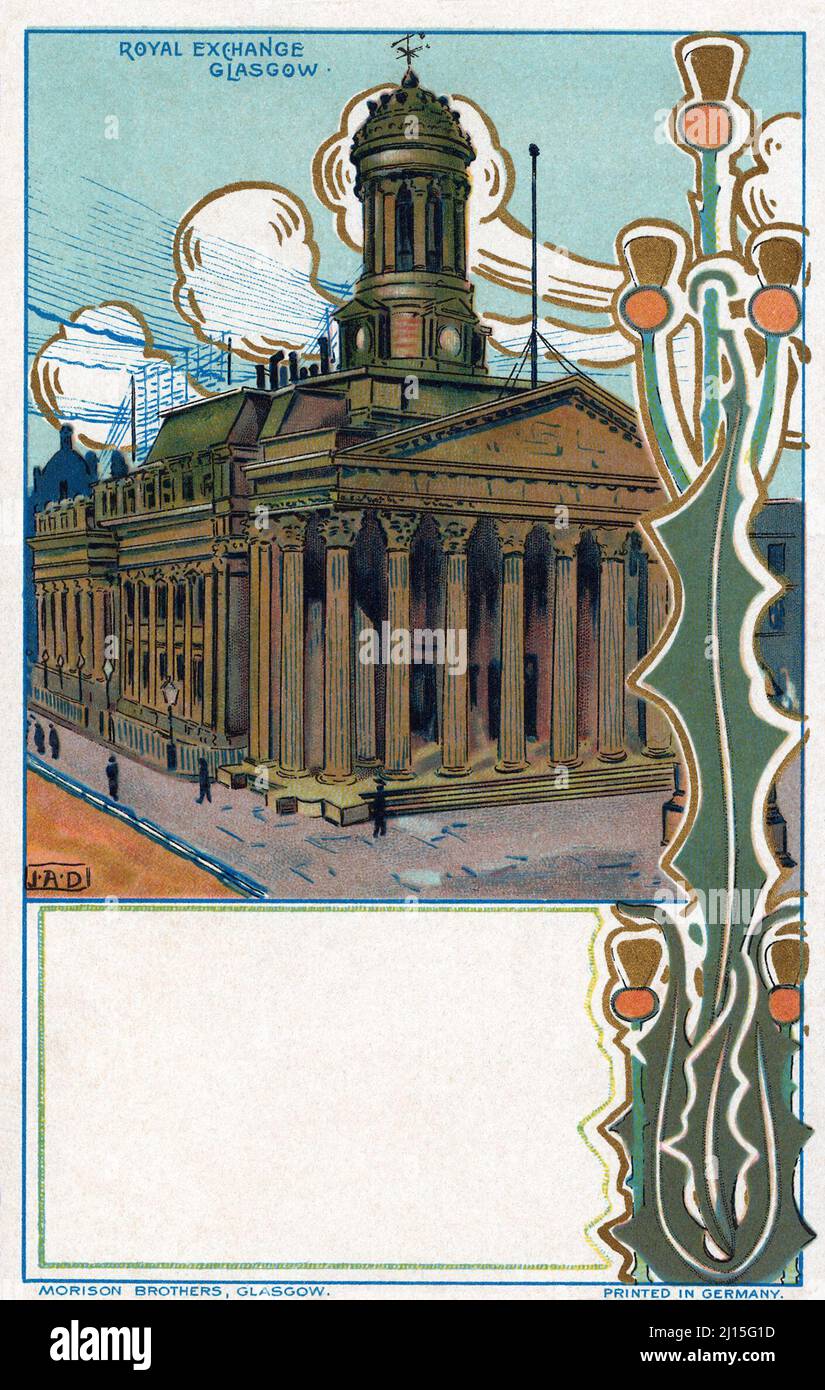 Vintage-Jugendstil-Postkarte aus edwardianischer Zeit der Royal Exchange am Royal Exchange Square, Glasgow, Schottland. Das Gebäude beherbergt heute die Galerie für Moderne Kunst Stockfoto