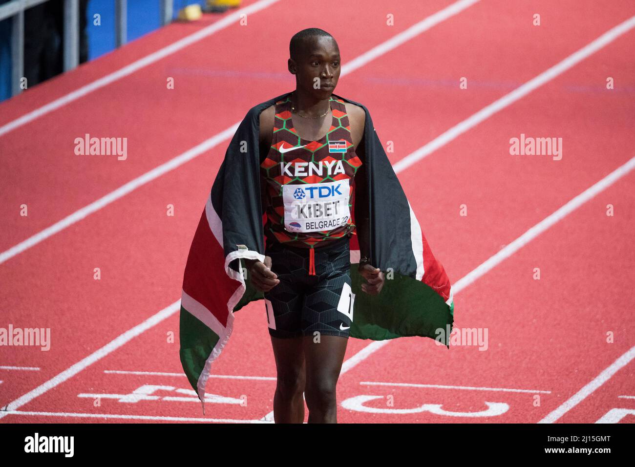 Belgrad, Serbien, 19.. März 2022. Noah Kibet aus Kenia feiert während der Leichtathletik-Hallenweltmeisterschaften Belgrad 2022 - Pressekonferenz in Belgrad, Serbien. 19. März 2022. Kredit: Nikola Krstic/Alamy Stockfoto