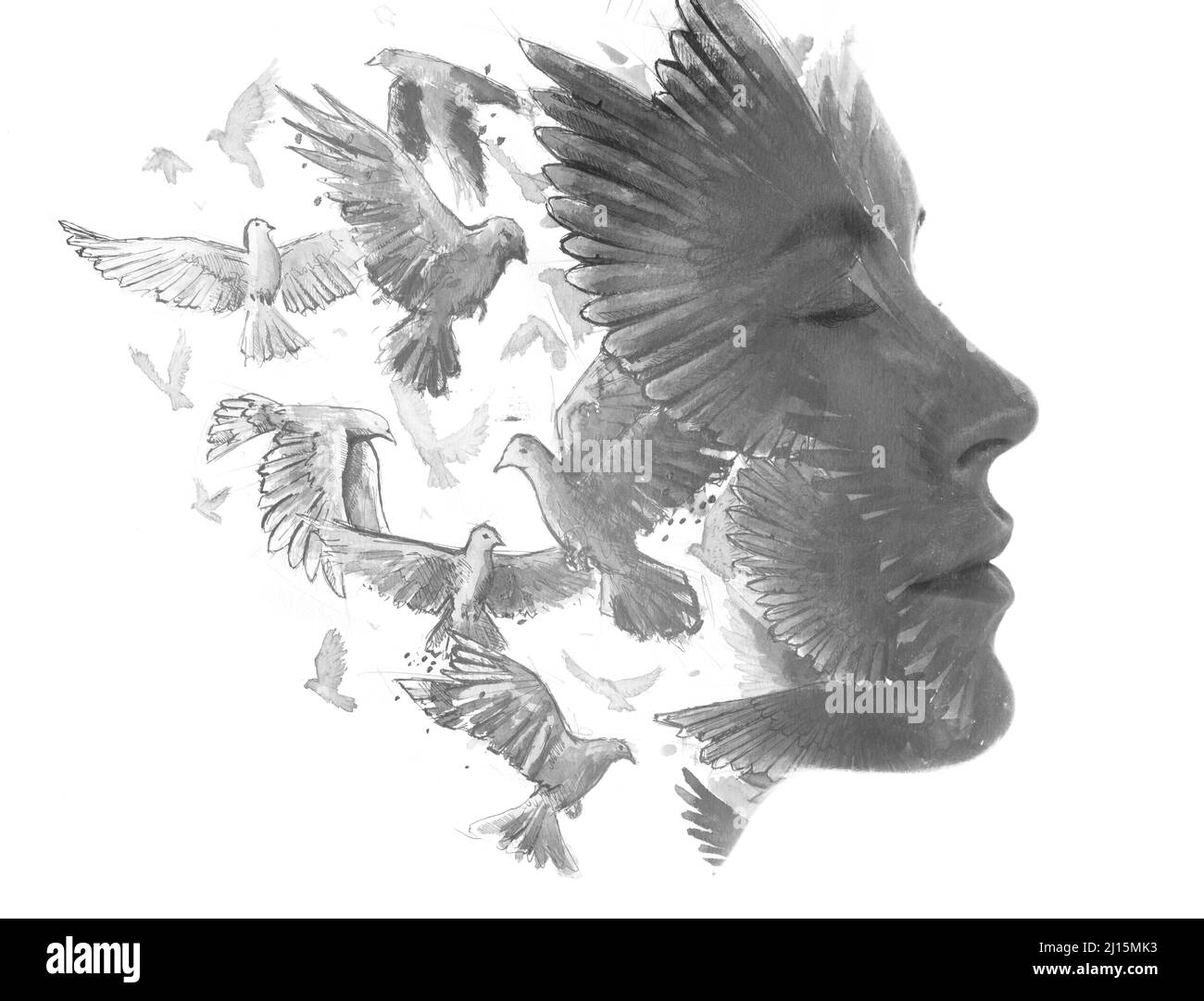 Paintographie. Ein Gemälde eines Vogelschwarms kombiniert mit einem Porträt einer Frau Stockfoto