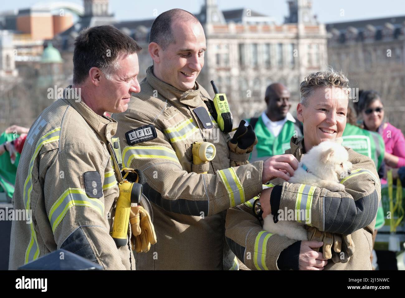 London, Großbritannien. Feuerwehrleute zeigen Zuneigung zu einem Welpen auf der Westminster Bridge. Stockfoto