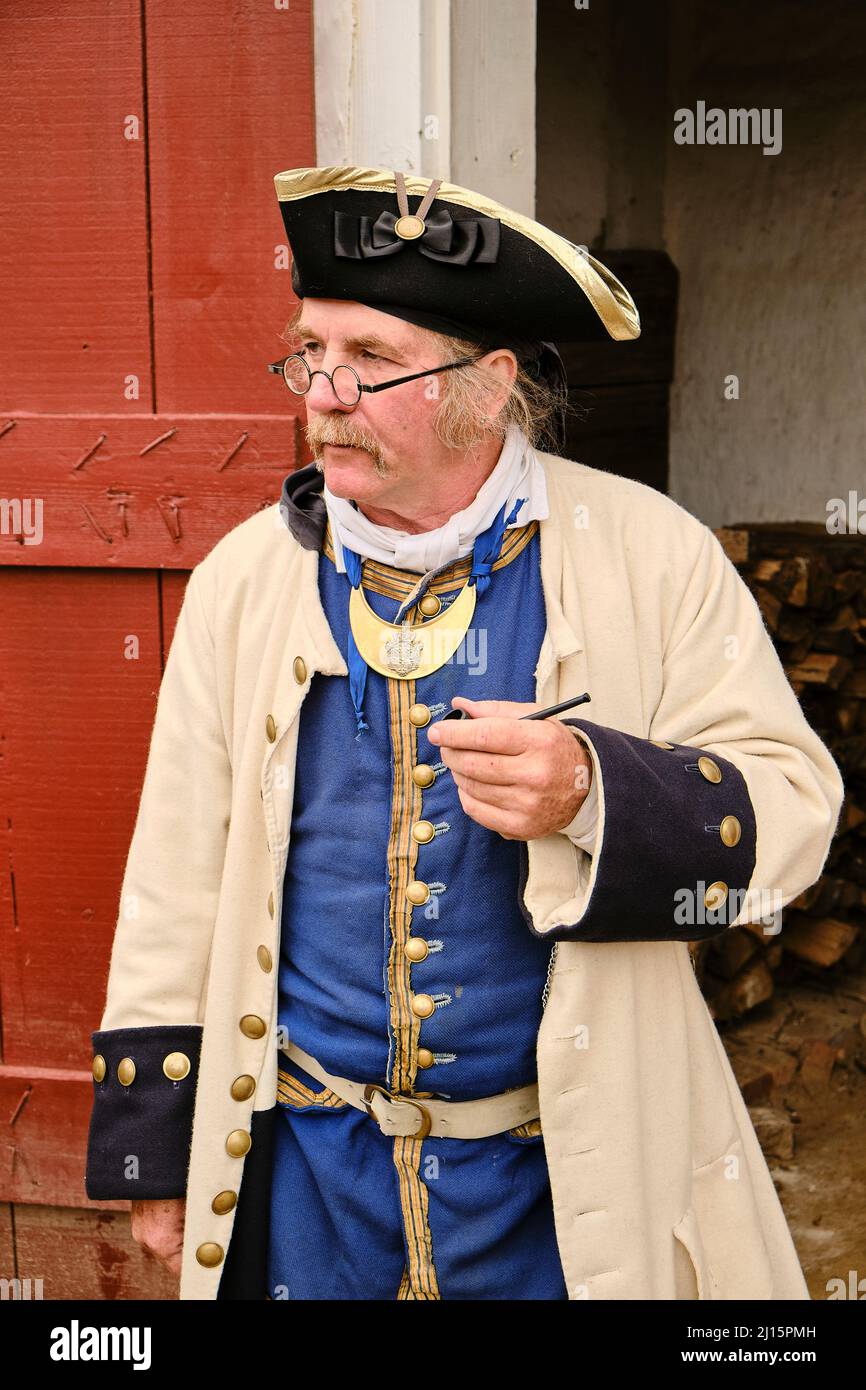 Nachstellung eines französischen Soldaten-Schauspielers aus dem 17. Jahrhundert in Fort Toulouse, Wetumpka Alabama, USA. Stockfoto