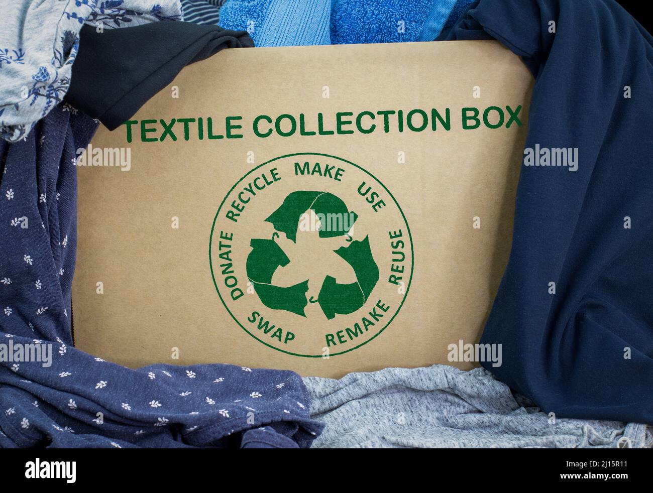 Circular Economy Textiles Logo auf Sammelbox, machen, verwenden, wiederverwenden, tauschen, spenden, recyceln mit Öko Kleidung Recycling Icon nachhaltige Mode Konzept Stockfoto