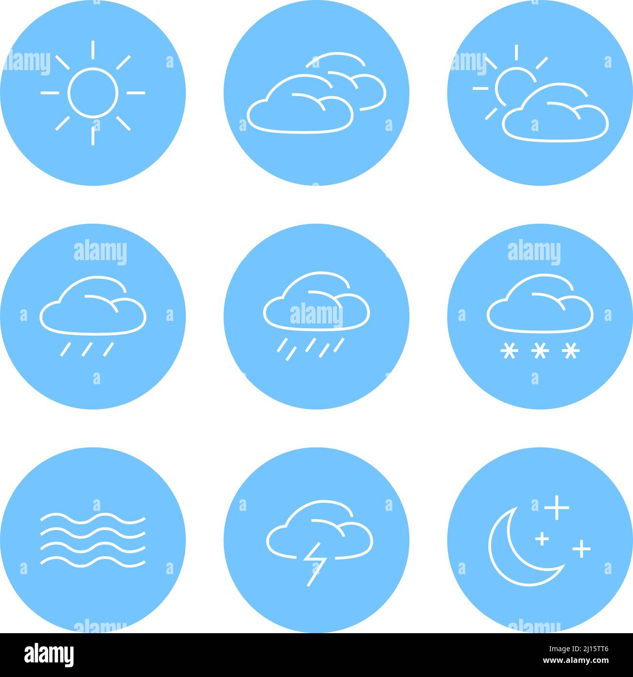 Wetterkonzept Linienvektorsymbole in blauen Kreisen. Der Satz enthält unterschiedliche Wetterbedingungen Stock Vektor