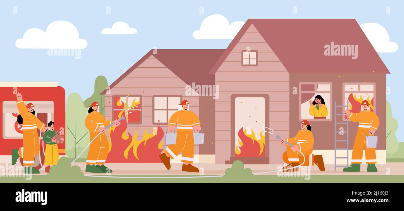 Gruppe von Feuerwehrleuten, die mit Feuer im brennenden Haus kämpfen. Charaktere Team in Feuerwehrmännern Uniform löschen großen Brand, tragen Leiter und Eimer Sprühen Wasser mit Schlauch, Line Art Vektor Illustration Stock Vektor