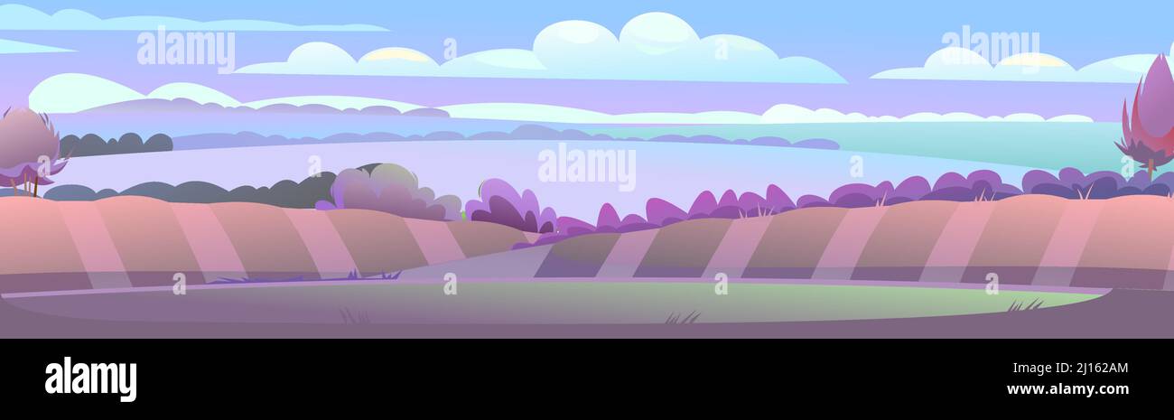 Abendlandschaft. Ländliche Landschaft schöne Aussicht. Dämmerung nach Sonnenuntergang. Früh am Morgen vor Sonnenaufgang. Felder und Wiesen. Horizontale Illustration Stock Vektor