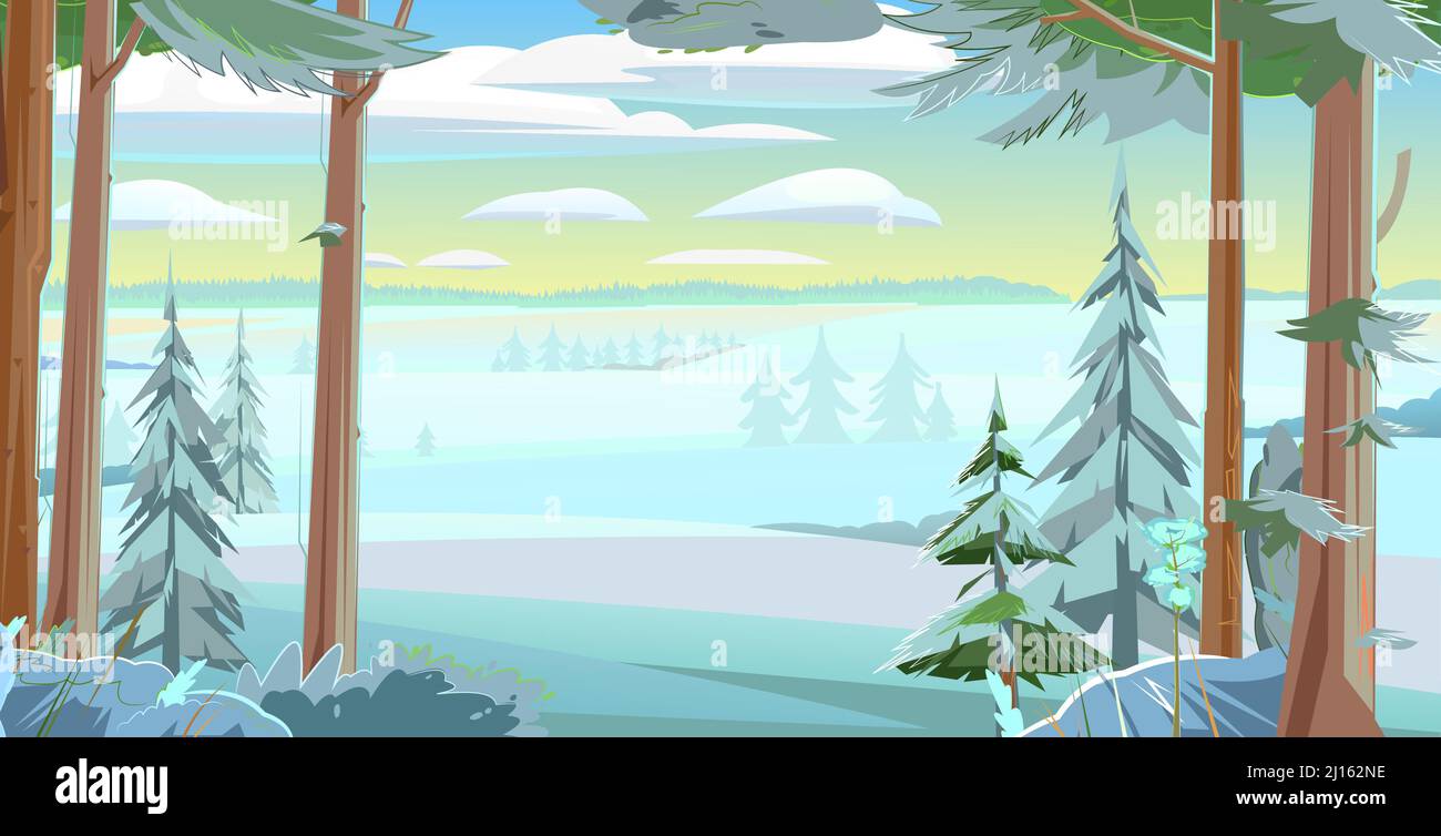 Winterbäume. Schneebedeckte Landschaft. Wunderschönes Waldpanorama. Kiefernstämme. Illustration im Cartoon-Stil flache Design. Vektor. Stock Vektor