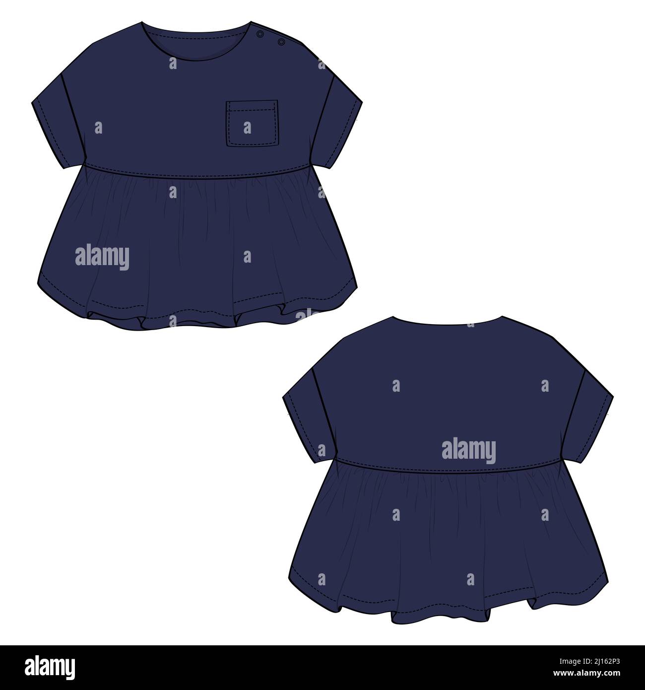 Baby Mädchen Kleid Design technische flache Skizze Vektor Illustration Vorlage. Bekleidung Kleidung marine Farbe Mock up isoliert auf weißem Hintergrund Stock Vektor