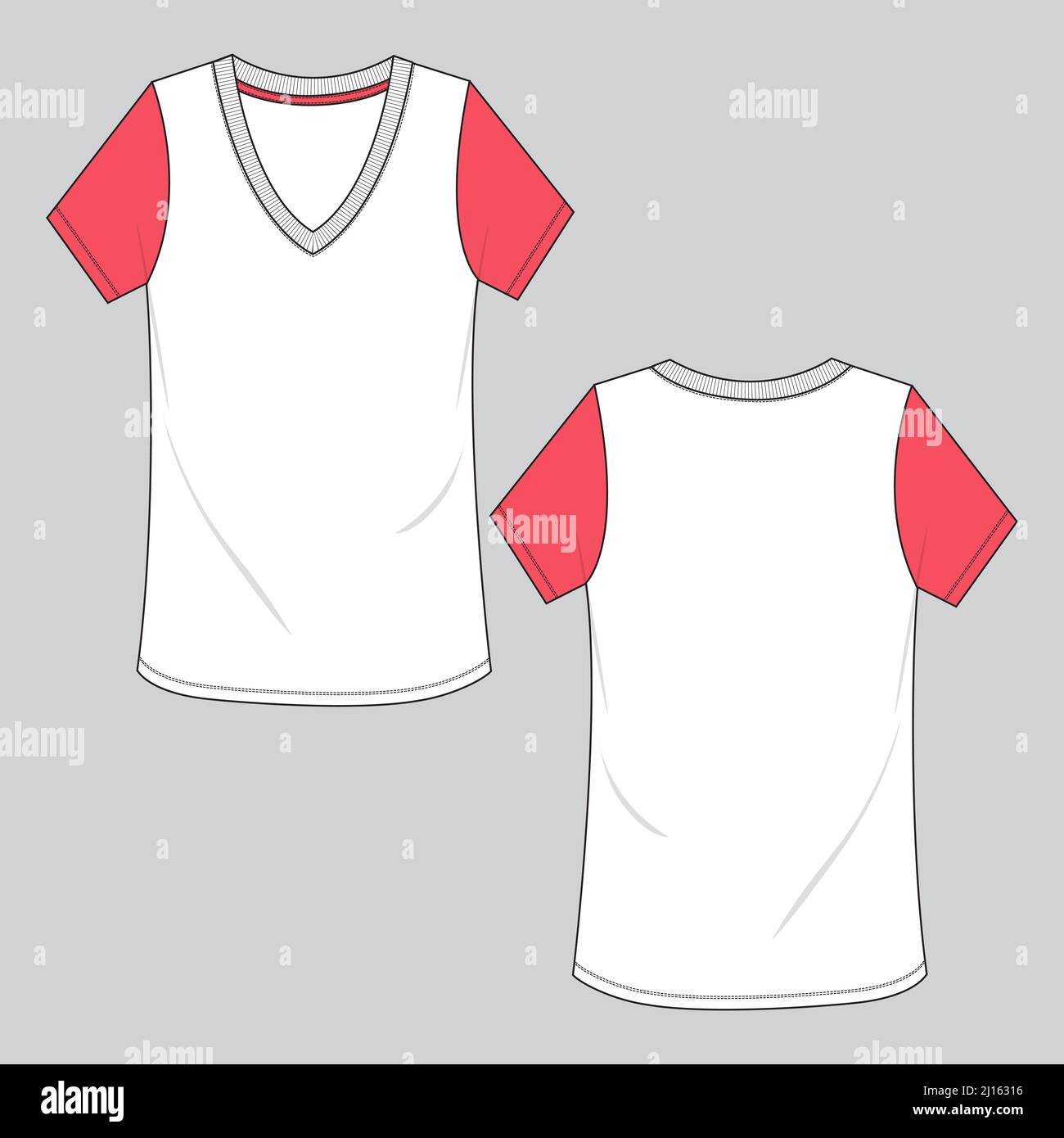 T-Shirt mit V-Ausschnitt und kurzen Ärmeln Technische Skizzenvorlage für Frauen. Vorder- und Rückansicht. Stock Vektor