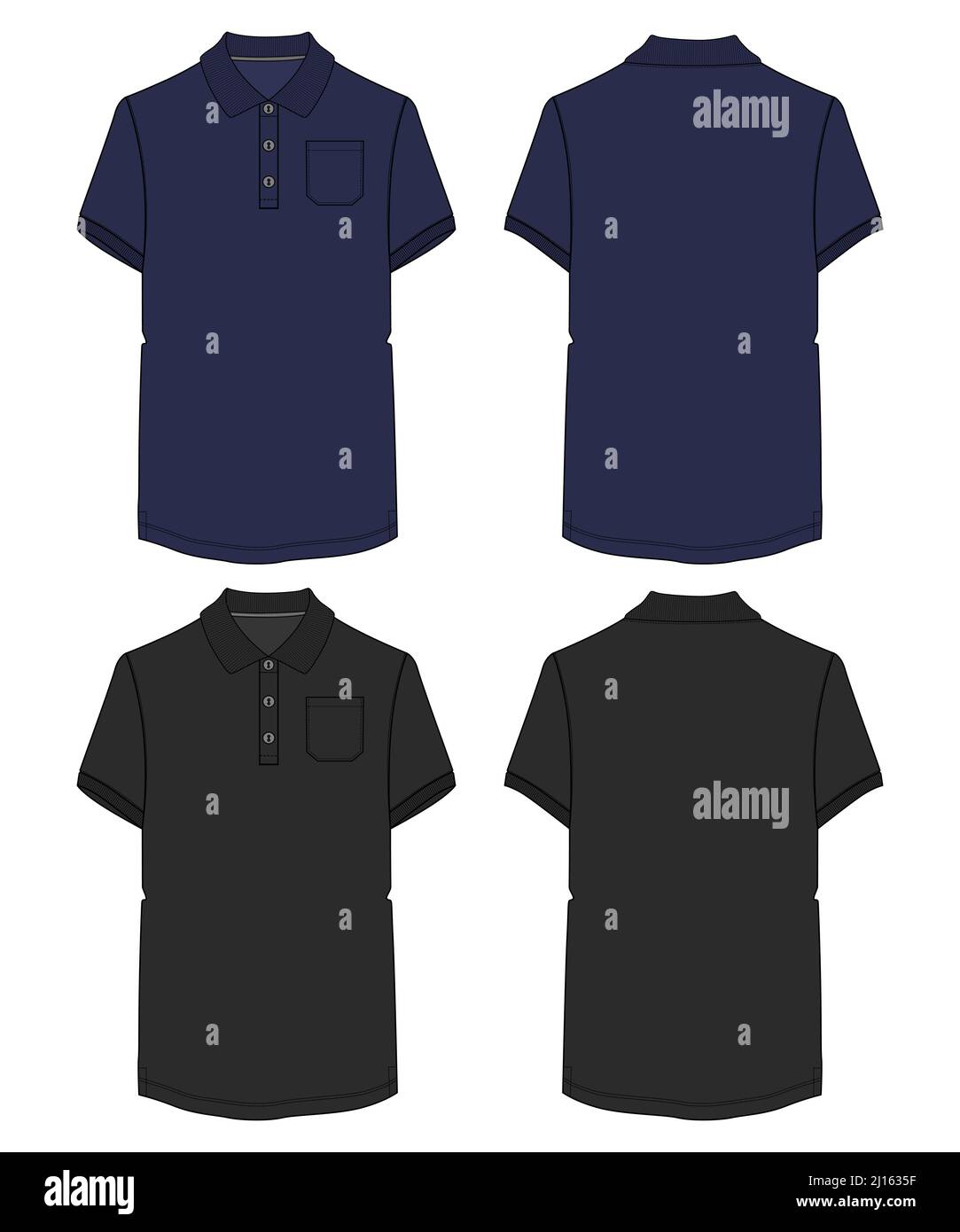 Schwarz und navy Farbe Kurzarm Polo T-Shirt insgesamt technische Mode flach Skizze Vektor Illustration Vorlage Vorder- und Rückansicht. Bekleidung Kleidung Stock Vektor