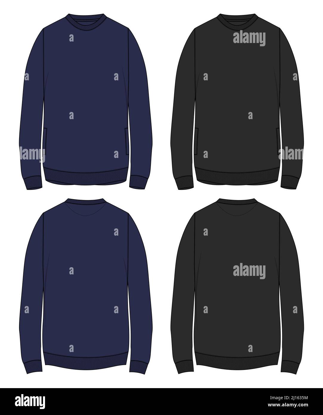 Slim Fit Rundhalsausschnitt Langarm Sweatshirt technische Mode Wohnungen Skizzen Zeichnung Vektor-Vorlage für Männer. Bekleidungsdesign schwarz, marineblaue Farbe im Mock U Stock Vektor