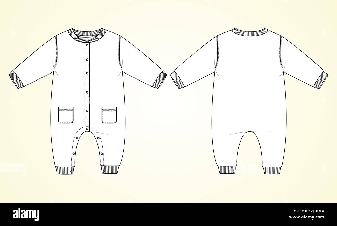 Baby Bodysuit Romper Technische Mode flache Skizze Vektor Illustration Vorlage Vorder- und Rückansicht. Modernes, stilvolles Kinderkleid-Design Einfache Bearbeitung und Cu Stock Vektor