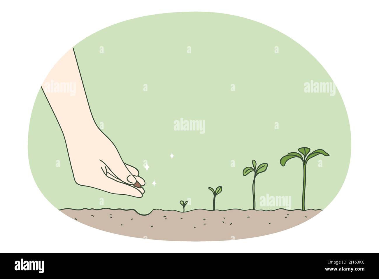 Person Hand Pflanzen Samen in Boden beobachten Baum Entwicklungsstadien. Der Gärtner hat den Sämling in den Boden gelegt. Timeline und Wachstumsmetapher. Gartenbau und Landwirtschaft Konzept. Vektorgrafik. Stock Vektor