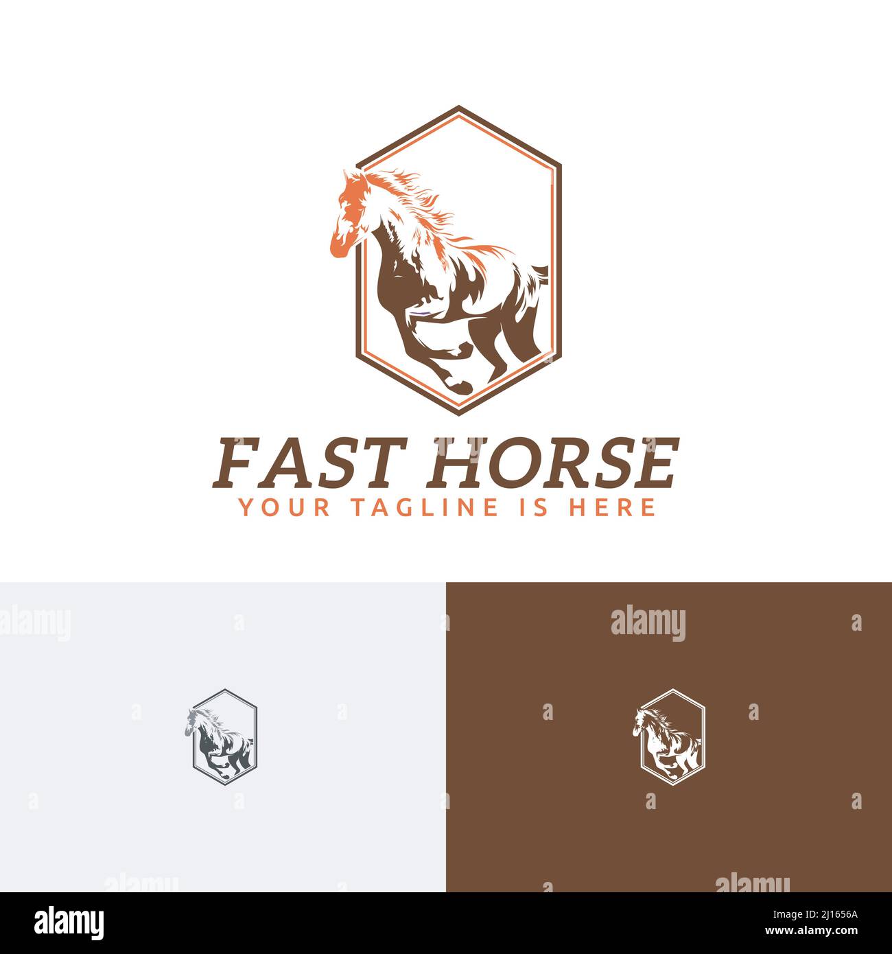 Vorlage Für Das Vintage Retro-Logo Des Pferdereiterpferdes Hexagon Im Gravurstil Stock Vektor