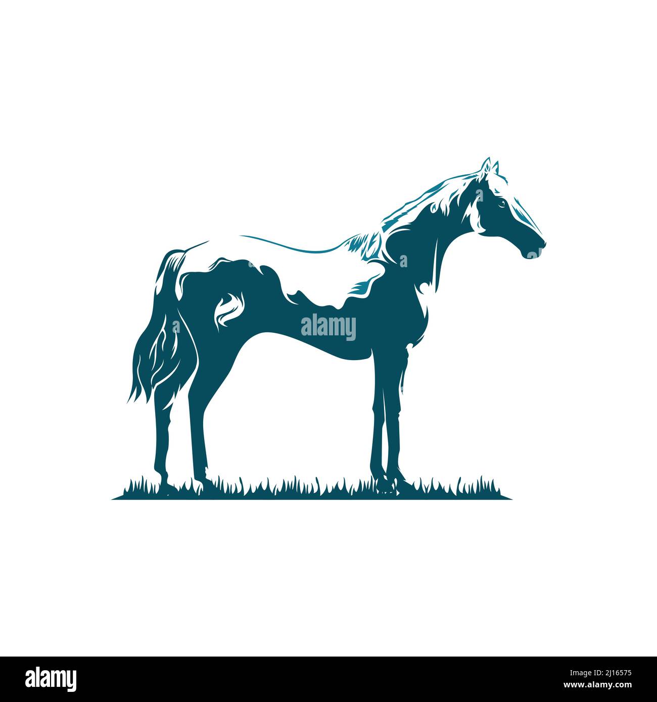 Pferd auf Gras stehend Seitenansicht Tierfarm Tierwelt Silhouette Gravur Stil Stock Vektor