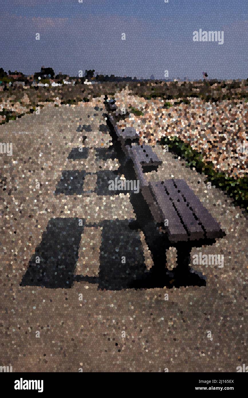 Abstrakt von einer Lign von Bänken am Strand in Pixel gesehen. Stockfoto