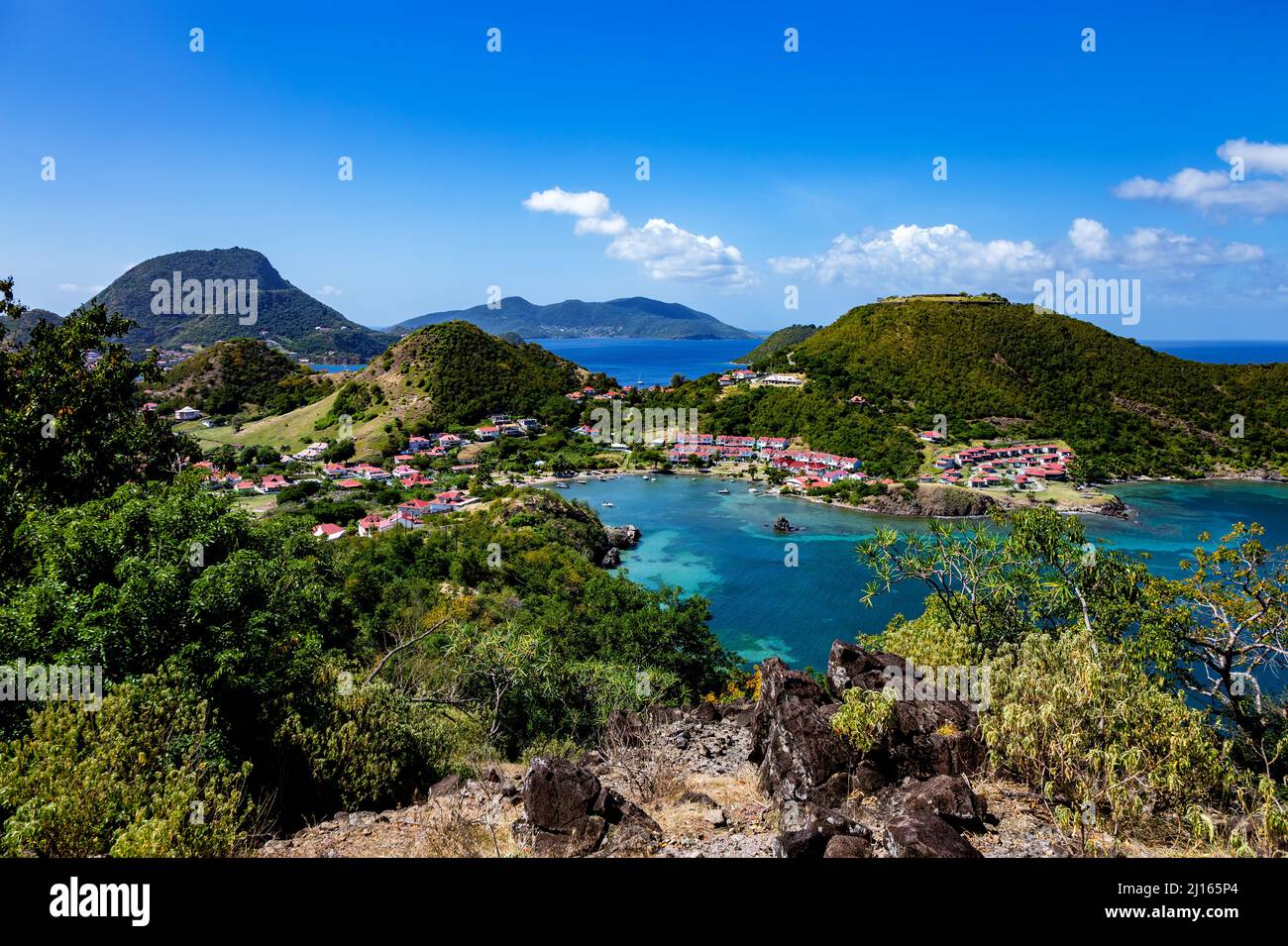 Bucht von Marigot, Terre-de-Haut, Iles des Saintes, Les Saintes, Guadeloupe, Kleinere Antillen, Karibik. Stockfoto