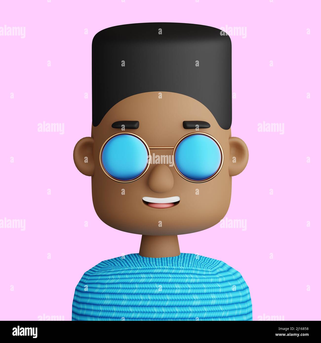 3D Illustration eines lächelnden jungen Mannes. Cartoon Nahaufnahme Porträt des stehenden schwarzen Mannes mit Sonnenbrille auf einem rosa Hintergrund. 3D Avatar für ui ux. Stockfoto