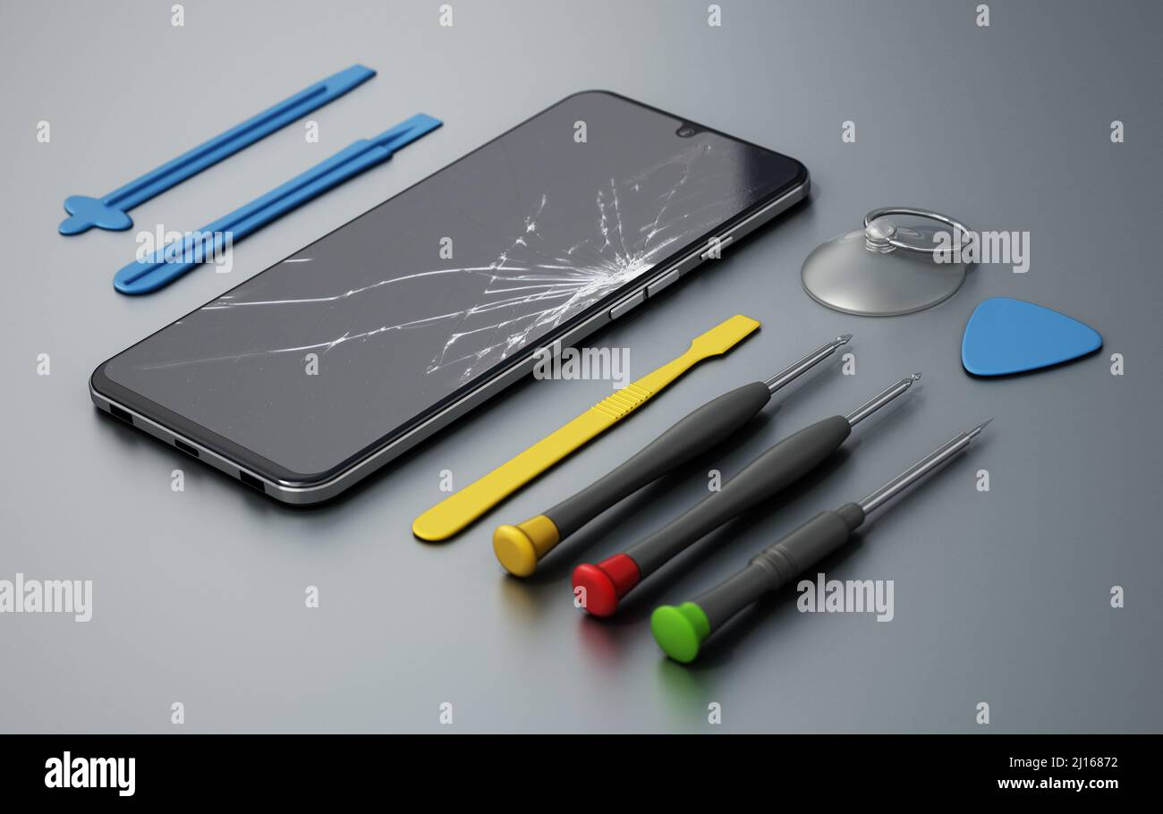 Reparatur-Tools und Smartphones mit defekten Bildschirmen isoliert auf grauem Hintergrund. 3D Abbildung. Stockfoto