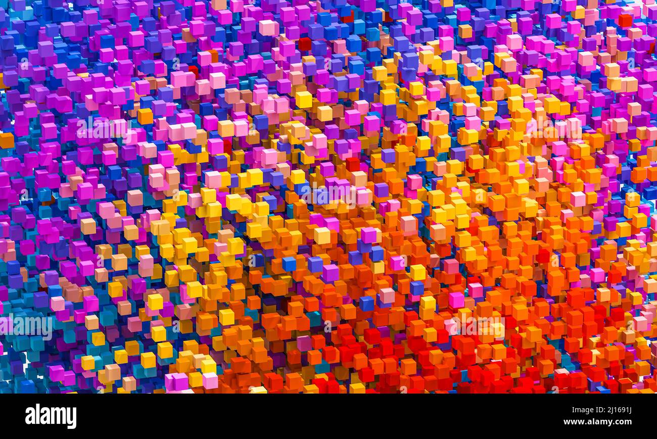 Geometrischer abstrakter Hintergrund mit Tausenden von bunten Würfeln. 3D Rendern Stockfoto