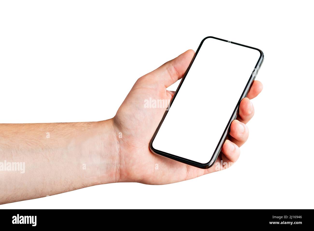 Telefon in der Hand, weißer Hintergrund. Mann mit isoliertem Mobiltelefon. Leerer Bildschirm für Modell oder Anwendung. Leere Anzeige für App-Design. Stockfoto