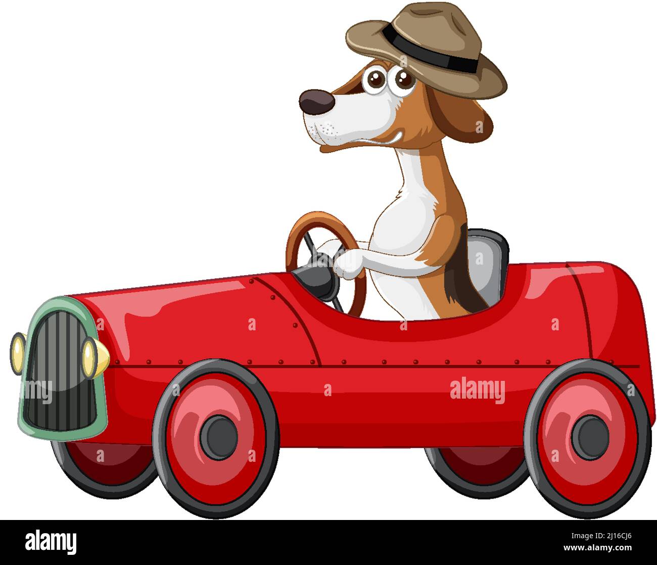 Lustige Hund Cartoon Figur Auto fahren auf weißem Hintergrund