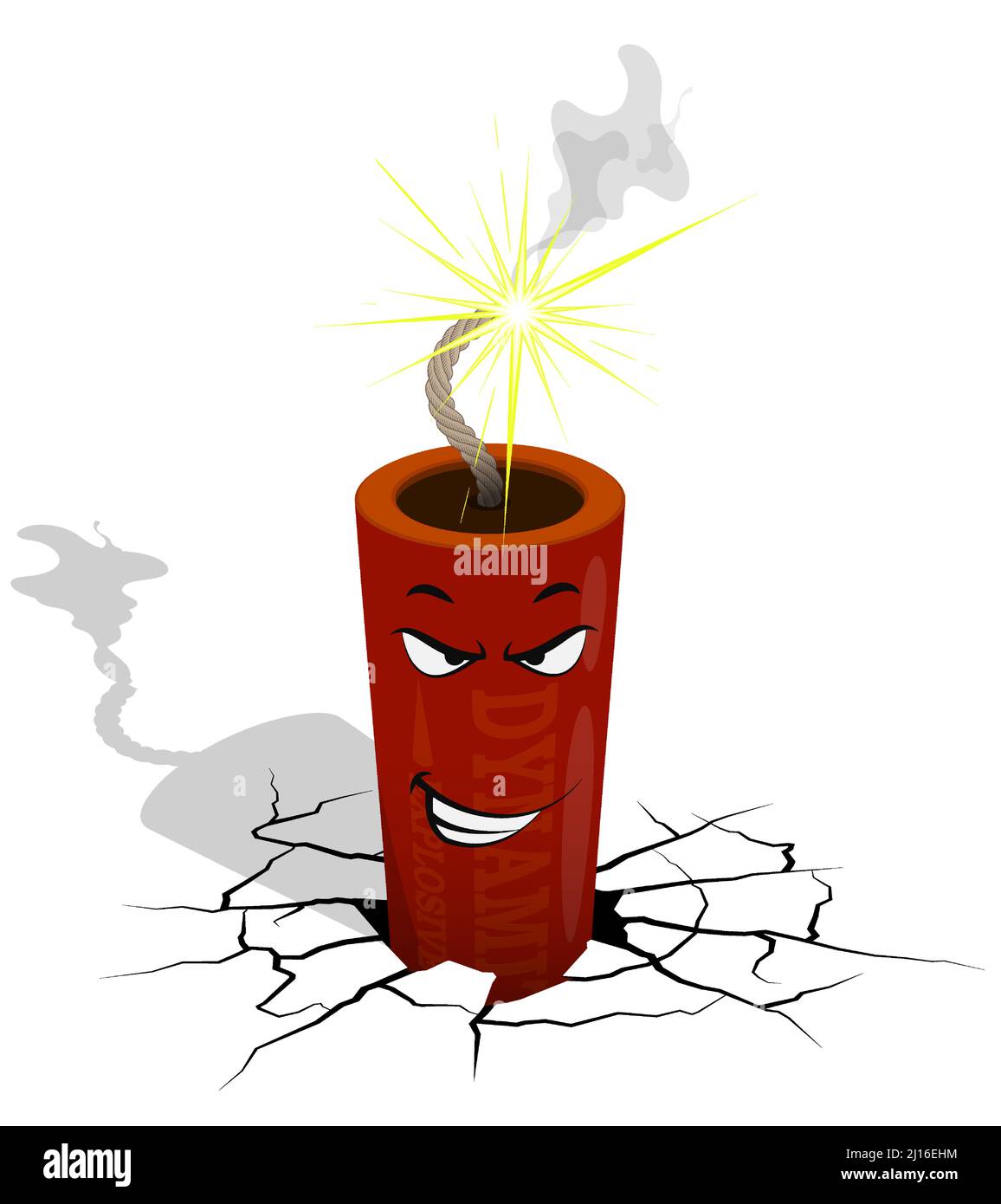 Cartoon Evil Dynamite Zylinder mit brennendem Docht im Riss der Erde. Sprengstoffe für den Bergbau. Cartoon-Vektor auf weißem Hintergrund isoliert Stock Vektor