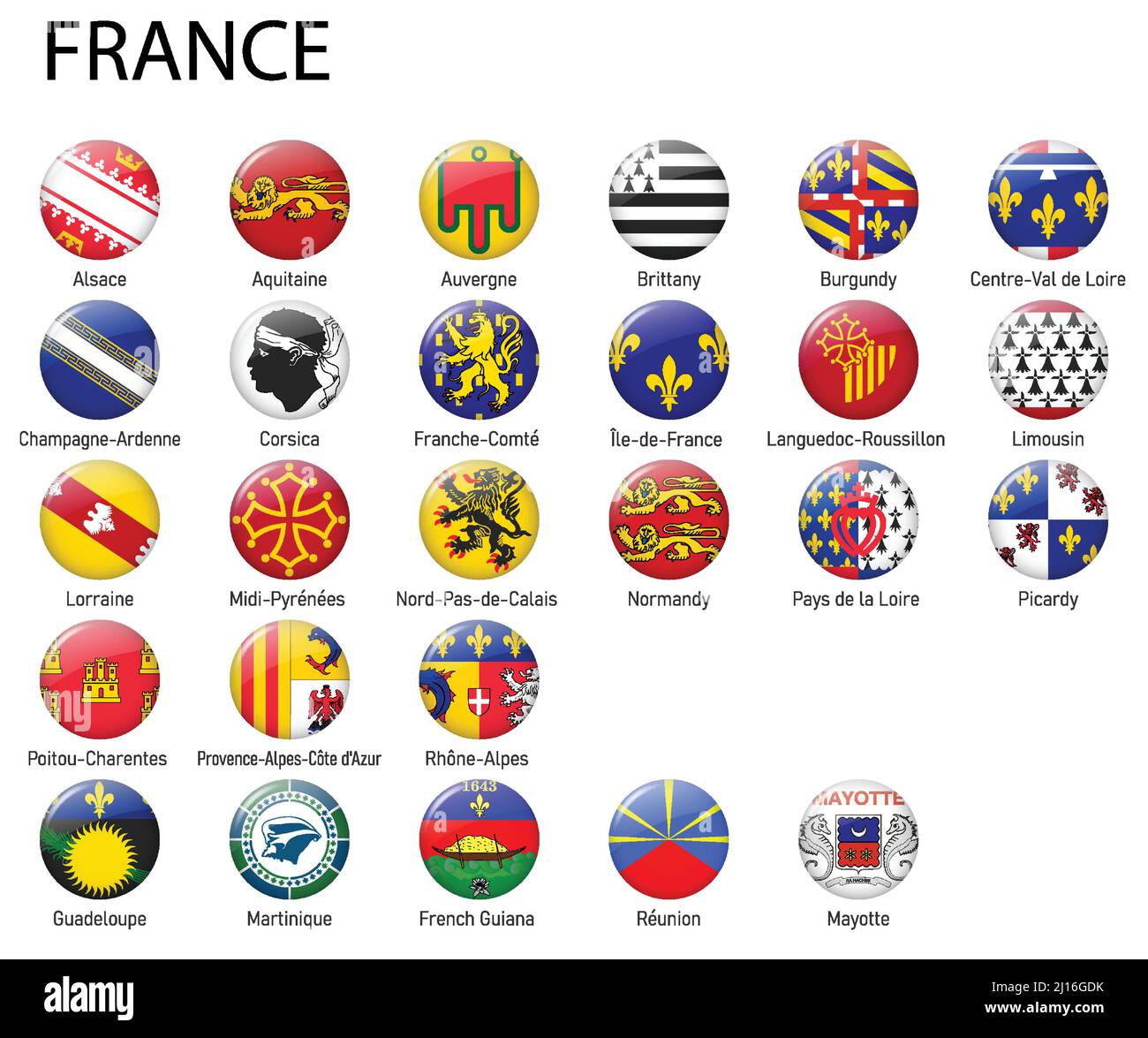 Alle Flaggen der Regionen Frankreichs. Glänzendes Flaggendesign mit Knöpfen Stock Vektor