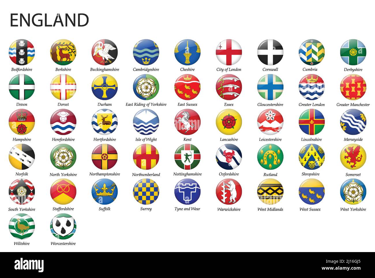 Alle Flaggen der Regionen Englands. Glänzendes Flaggendesign mit Knöpfen Stock Vektor